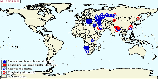 Bản đồ phân bố các ổ dịch viêm da nổi cục trâu, bò tại Châu Á, từ 01/01/2014 đến 29/7/2020 (theo năm xuất hiện). Nguồn: Cục Thú y